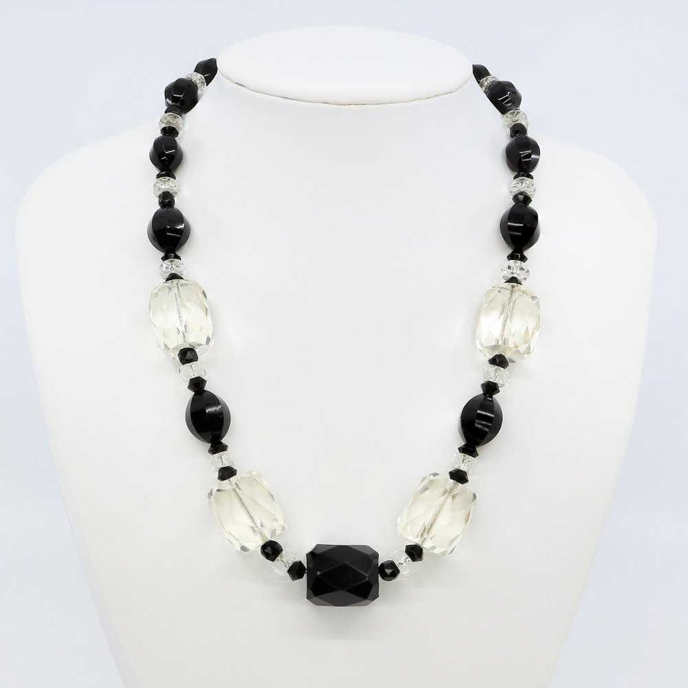Vintage Faceted Black and Clear Glass Chunky Beaded Foxtail Chain Necklace 1930s